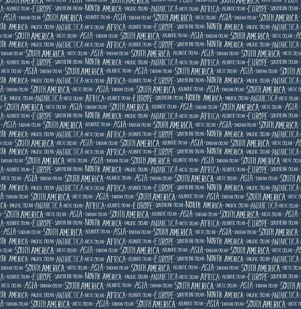 Clothworks Our World Words Navy Blue