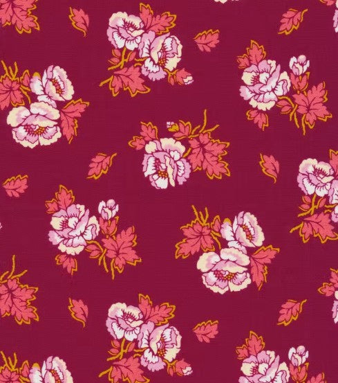 Figo Plum Roses fabric bolt featuring vibrant plum roses pattern