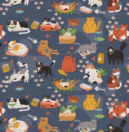 Paintbrush Fabrics Here Kitty Feline Frenzy Denim