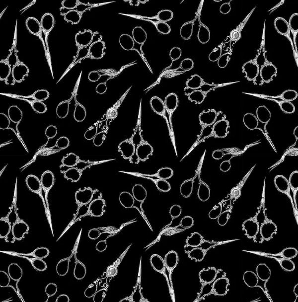 Timeless Treasures Sew Floral Black Fancy Scissors Toss